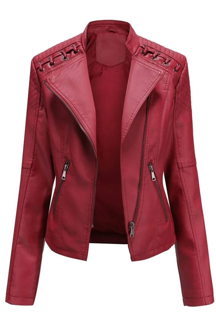 Leather Jacket Long Sleeve Classic Style for Women | Celestine Red