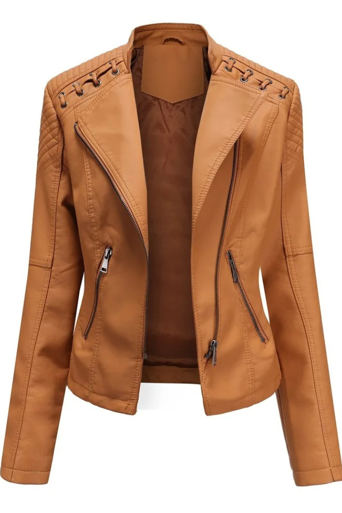 Leather Jacket Long Sleeve Classic Style for Women | Celestine Camel