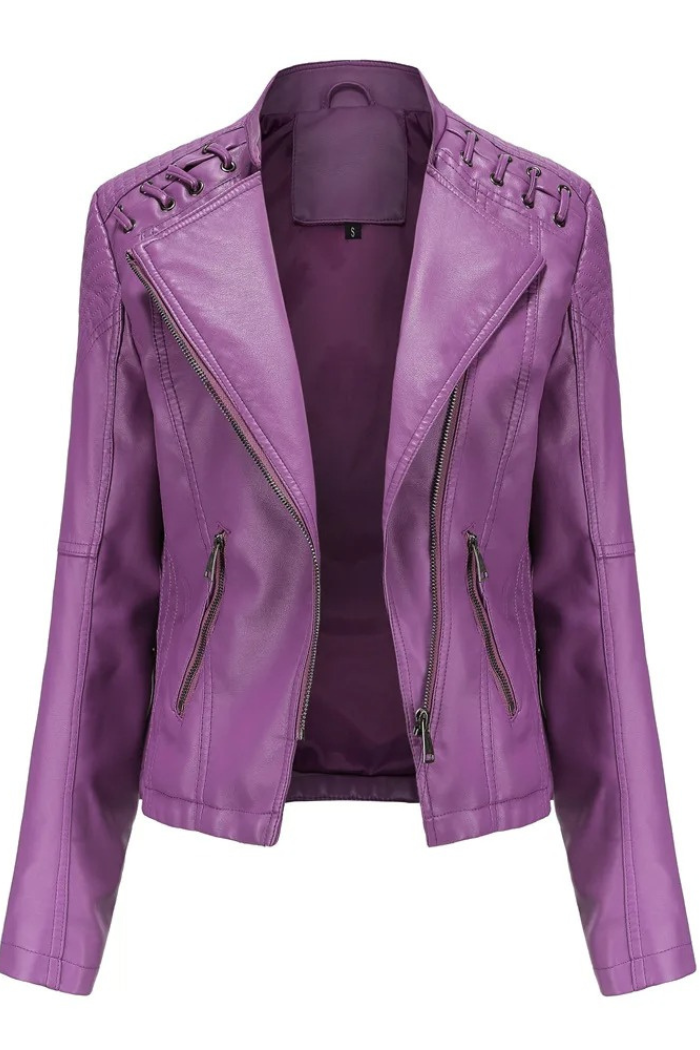 Leather Jacket Long Sleeve Classic Style for Women | Celestine Purple