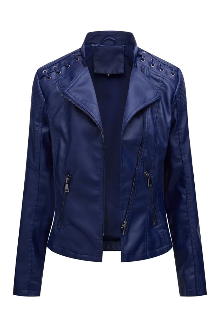 Leather Jacket Long Sleeve Classic Style for Women | Celestine Navy blue