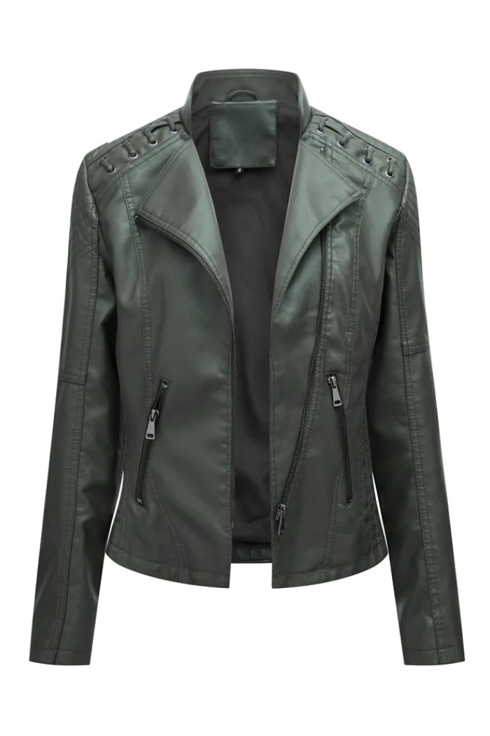 Leather Jacket Long Sleeve Classic Style for Women | Celestine Military green
