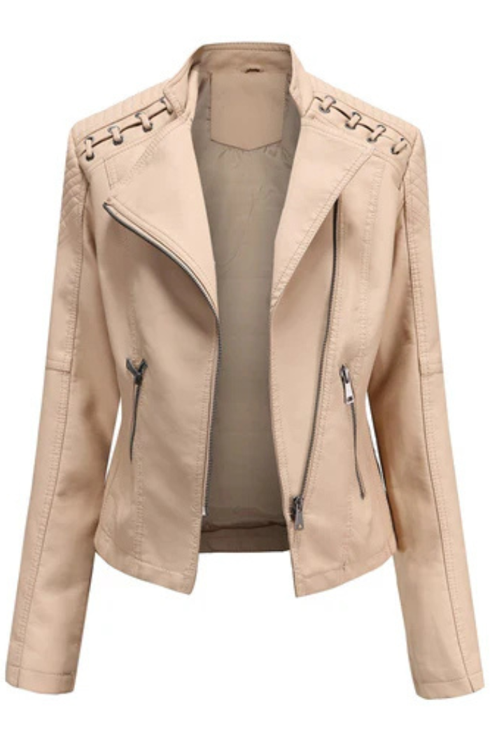 Leather Jacket Long Sleeve Classic Style for Women | Celestine Khaki