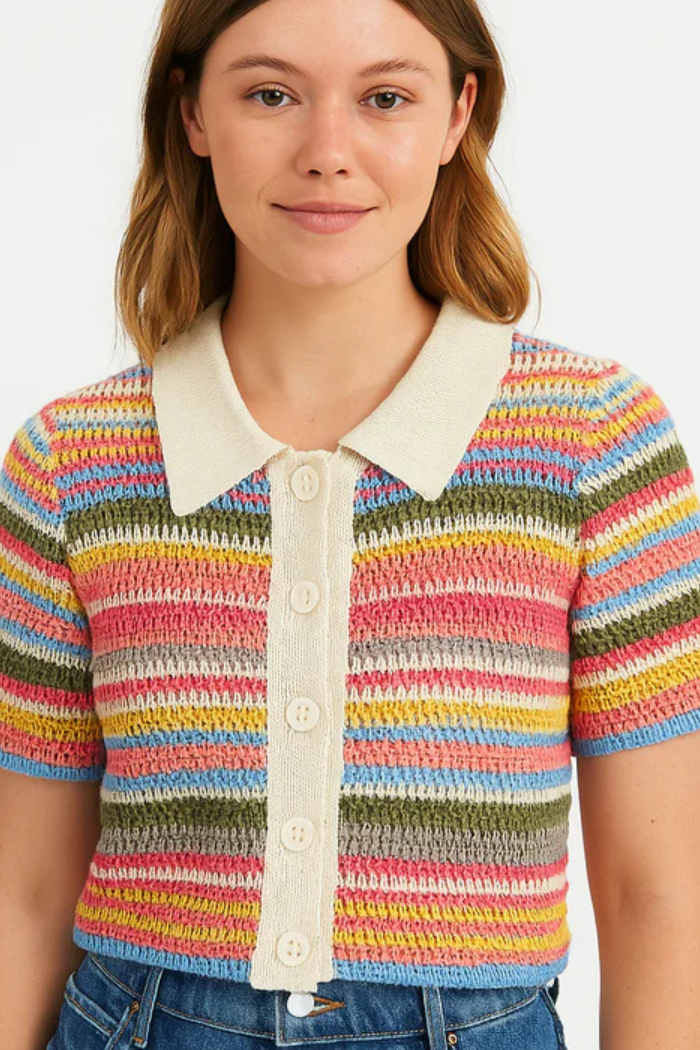 Crochet Knit Crop Top with Polo Collar for Women | Ardelle Rainbow