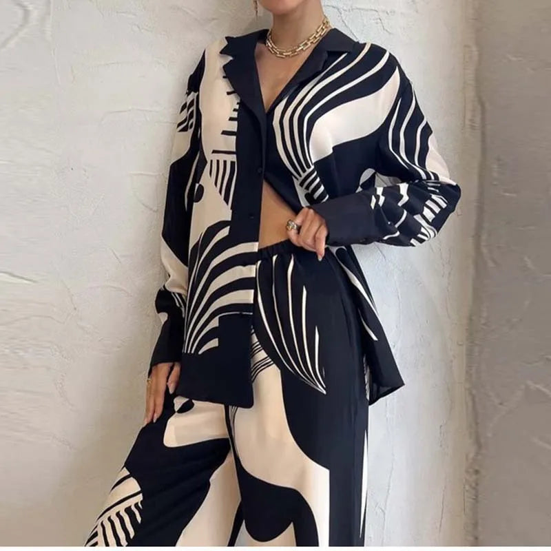 Abstract Print Long Sleeve Shirt and Wide-Leg Pants Set for Women | Bella Black