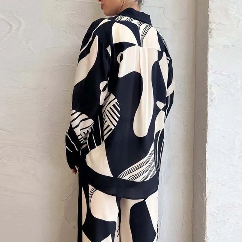 Abstract Print Long Sleeve Shirt and Wide-Leg Pants Set for Women | Bella