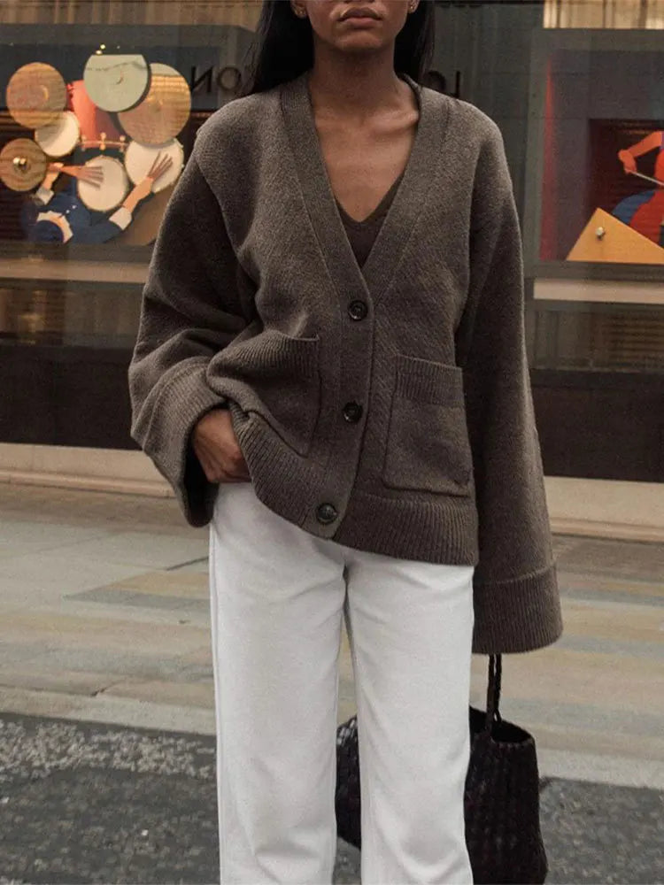 V-Neck Knit Cardigan Relaxed Fit for Women | Alvyna Brown