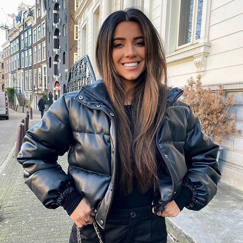 Cropped Puffer Jacket Vegan Leather for Women | Anneliese