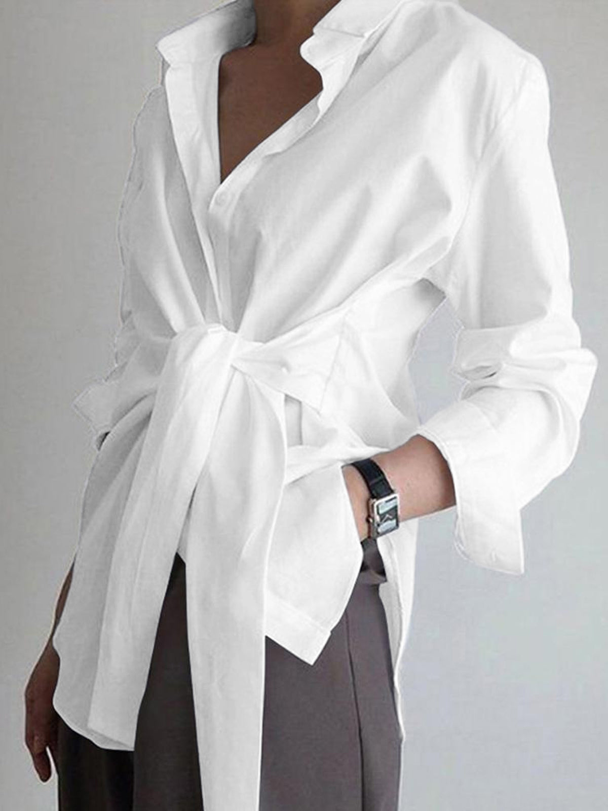 Asymmetric Knot Front Long Sleeve Shirt for Women | Corrine White