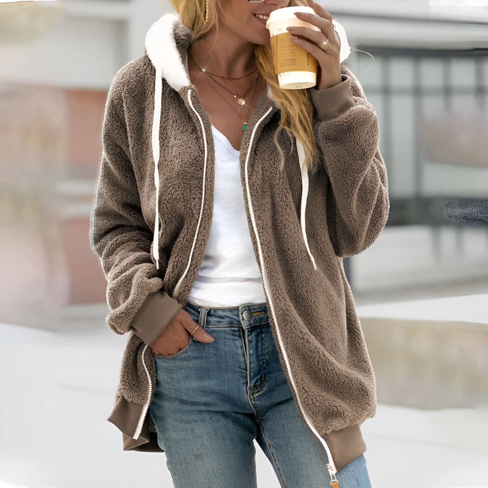 Oversized Zip-Up Hoodie Plush Sherpa for Women | Becky Khaki