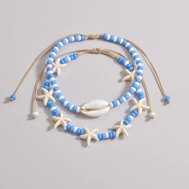 Blue Beaded Shell & Starfish Anklet Set for Women | Oceana