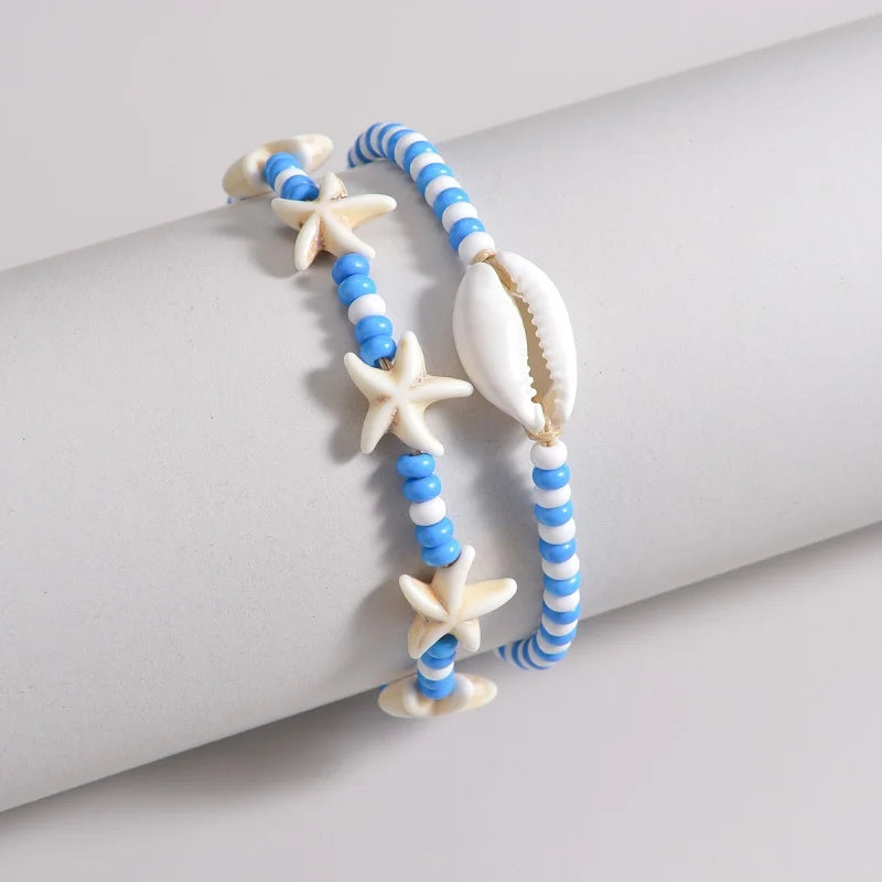 Blue Beaded Shell & Starfish Anklet Set for Women | Oceana