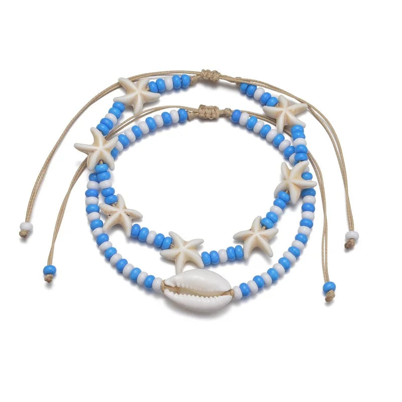 Blue Beaded Shell & Starfish Anklet Set for Women | Oceana