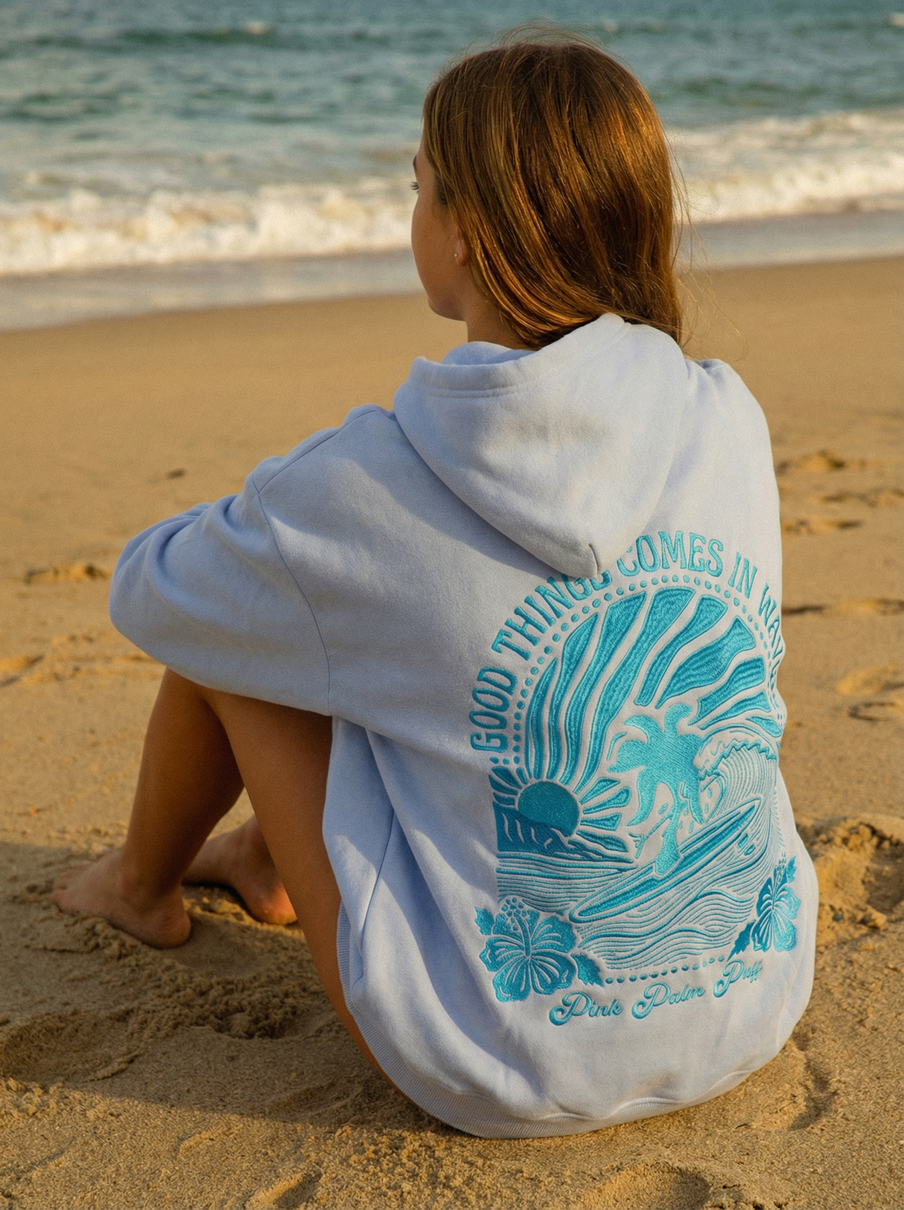 Blue Oversized Waves Hoodie for Women | Palm Blue Waves