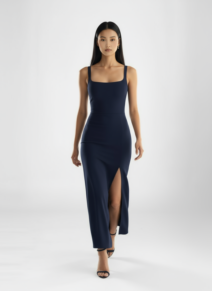 Maxi Dress with Spaghetti Straps and High Slit for Women | Anastasia Navy Blue