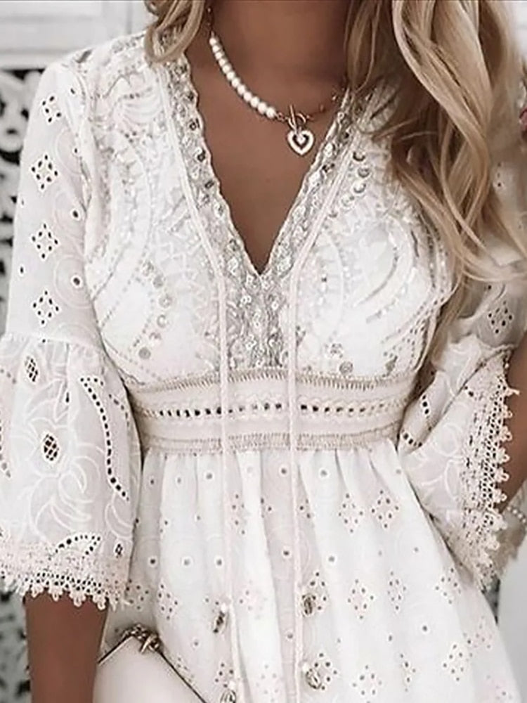Boho White Lace Embroidered Mini Dress for Women | Mela White
