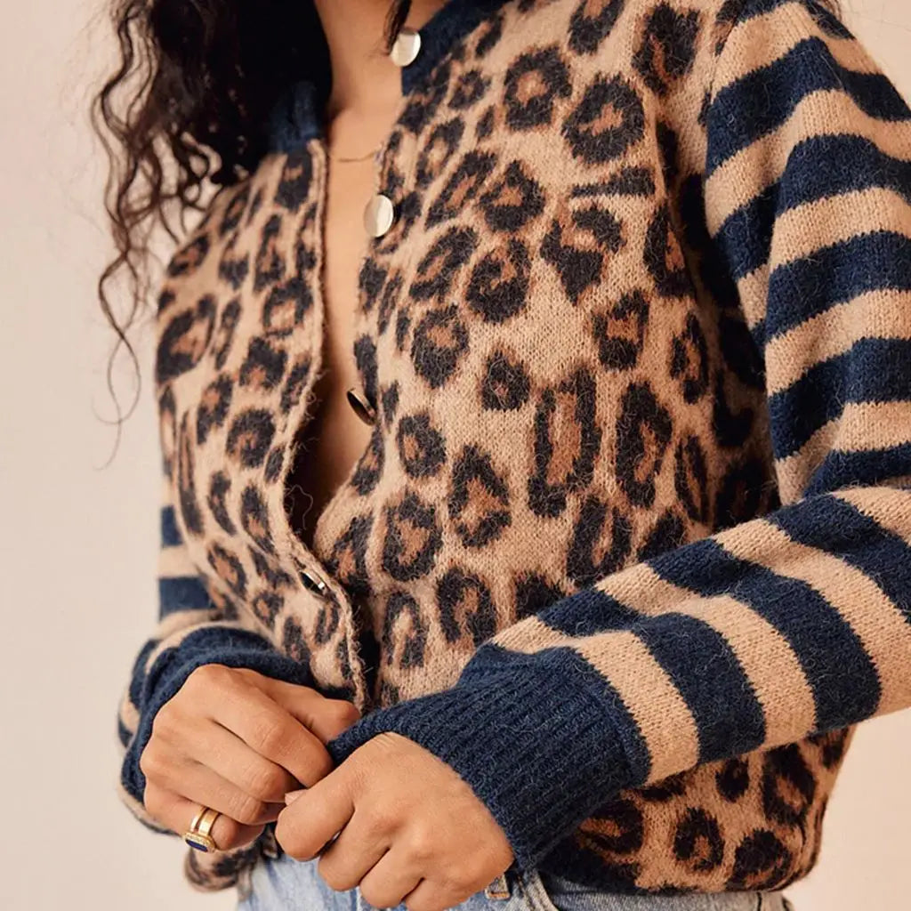 Striped Leopard Cardigan Relaxed Fit for Women | Bralon Blue