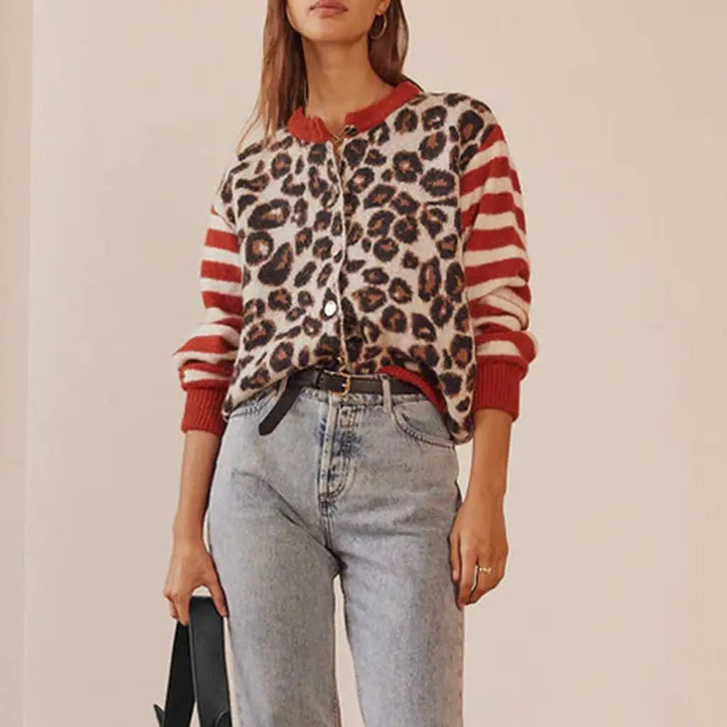 Striped Leopard Cardigan Relaxed Fit for Women | Bralon Red
