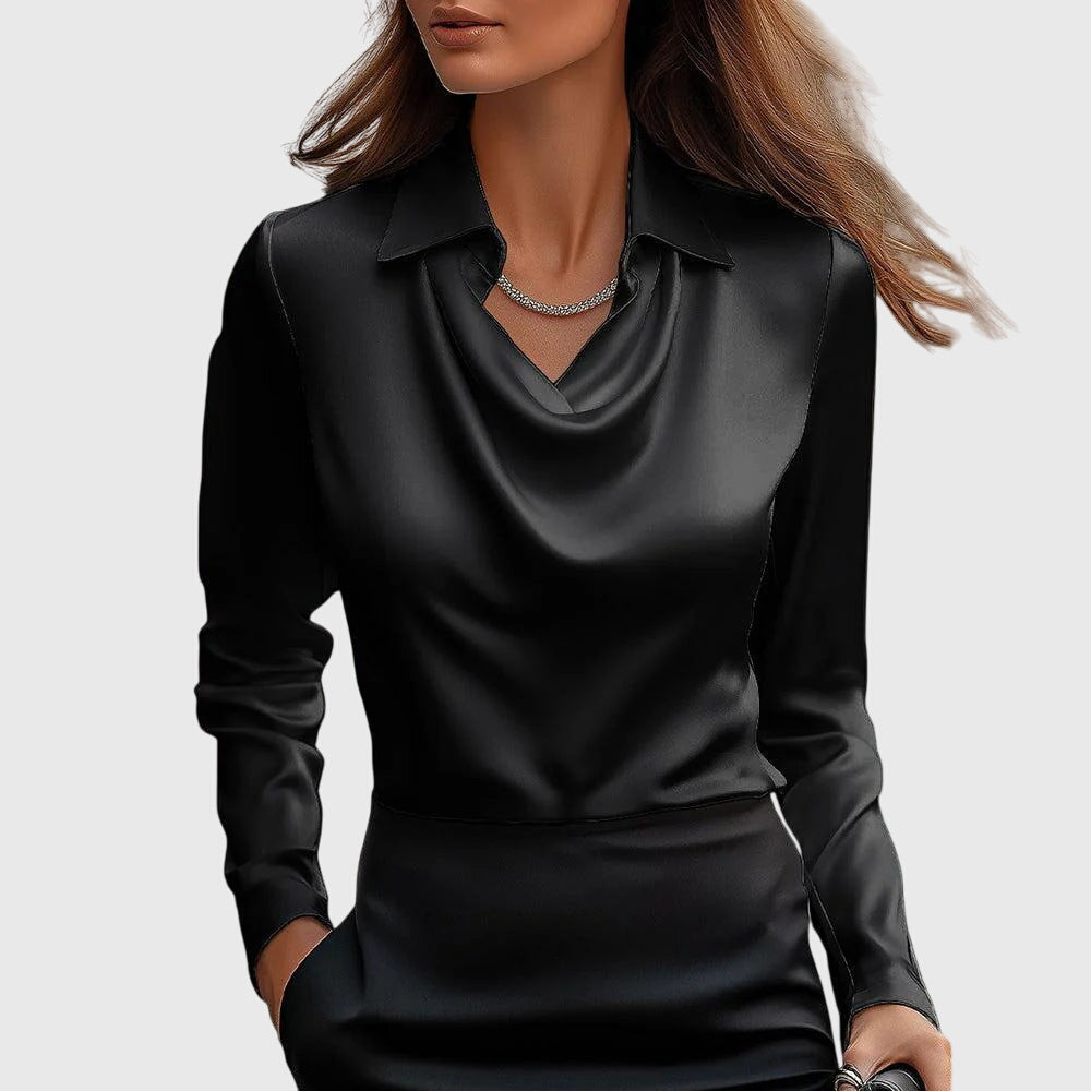 Brina | Cascade Neckline Satin Blouse Black