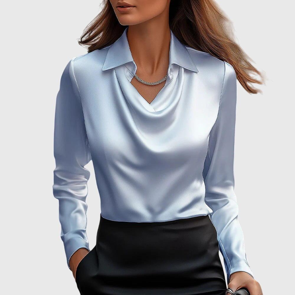 Brina | Cascade Neckline Satin Blouse Light Blue