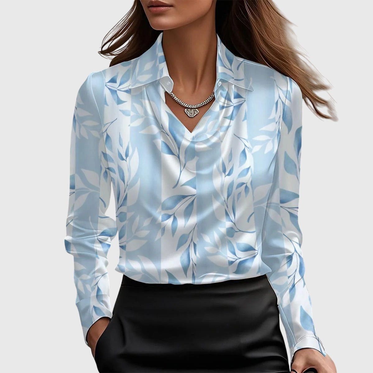 Brina | Cascade Neckline Satin Blouse Floral Light Blue