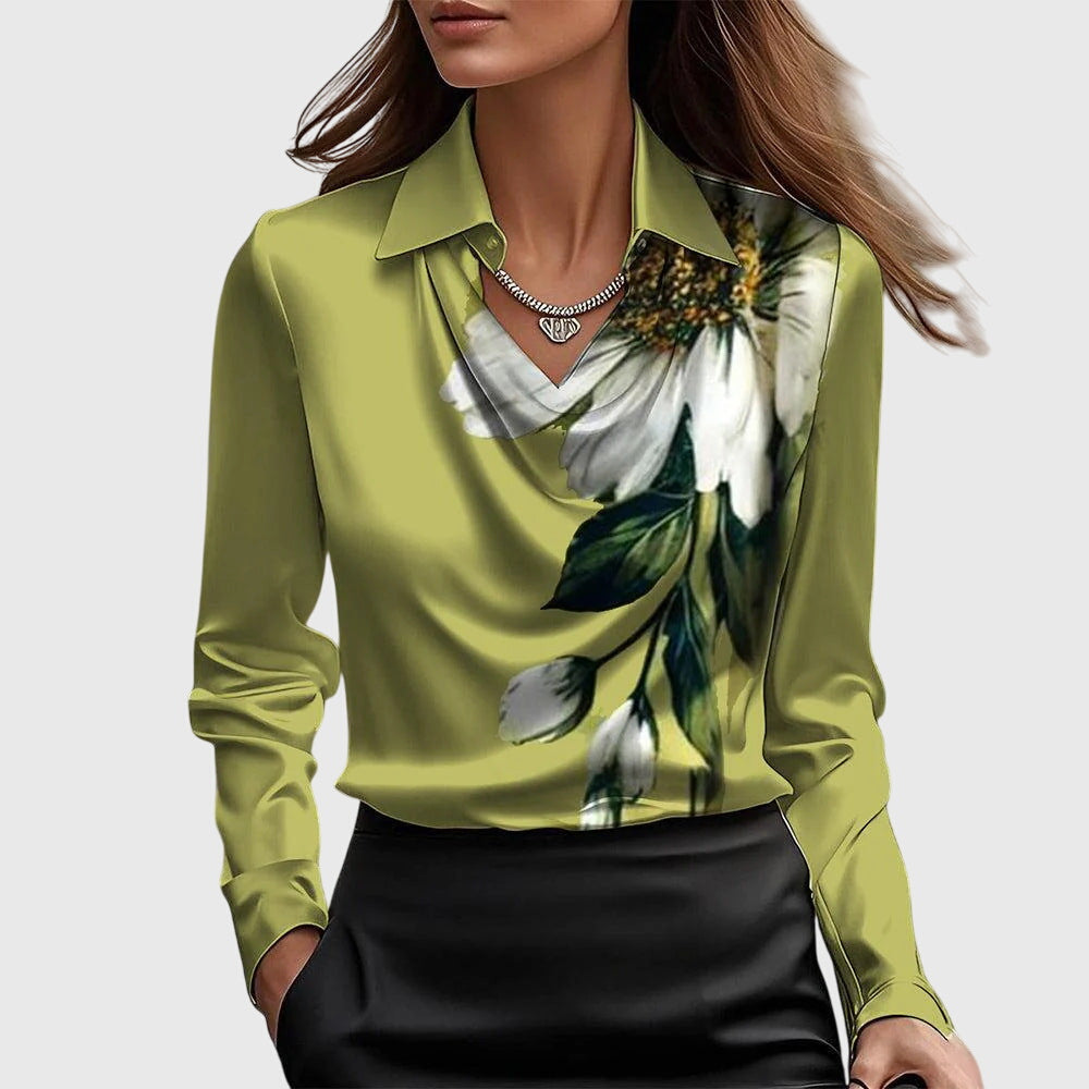 Brina | Cascade Neckline Satin Blouse Green
