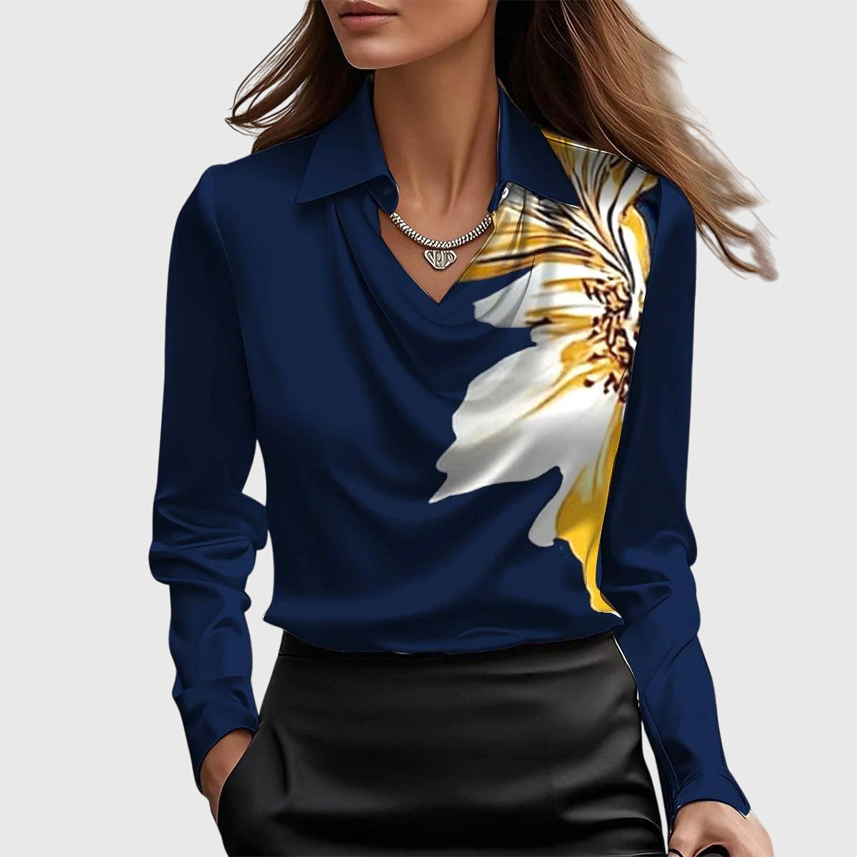 Brina | Cascade Neckline Satin Blouse Dark Blue