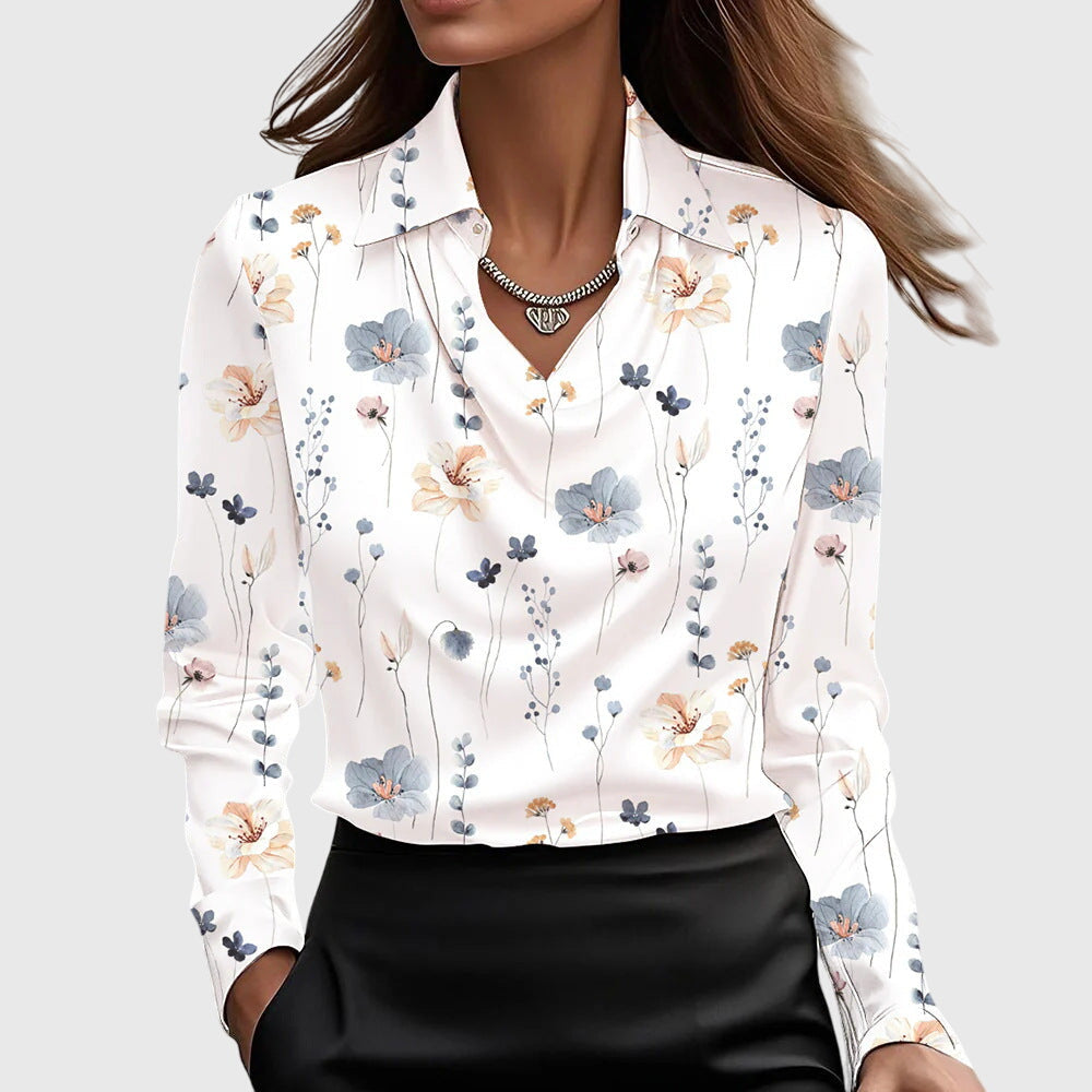 Brina | Cascade Neckline Satin Blouse White Flowers