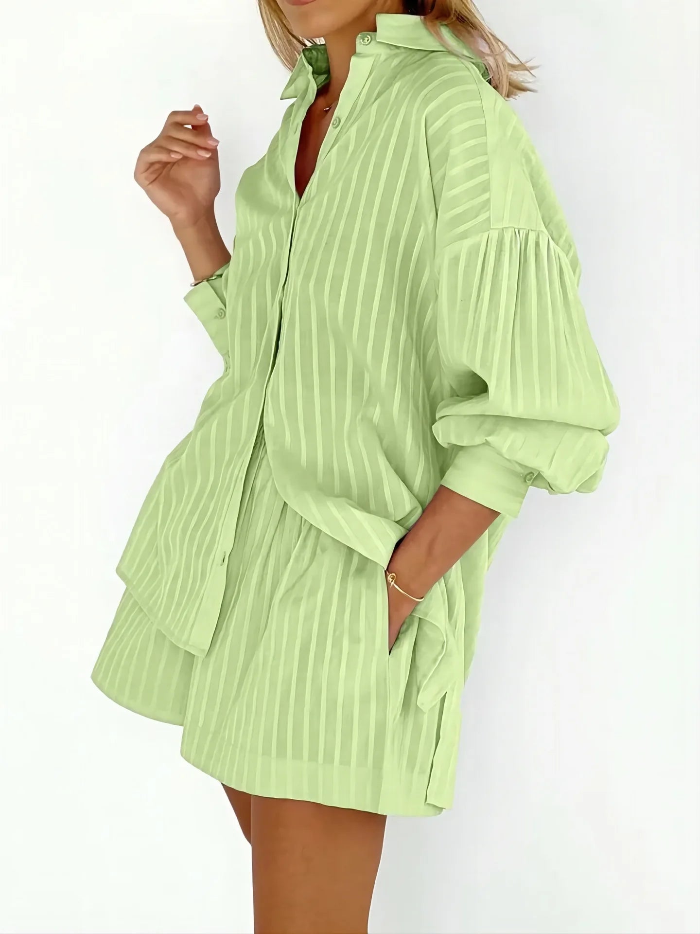 Button-Down Shirt and Shorts Set for Women | Rosemary Lime