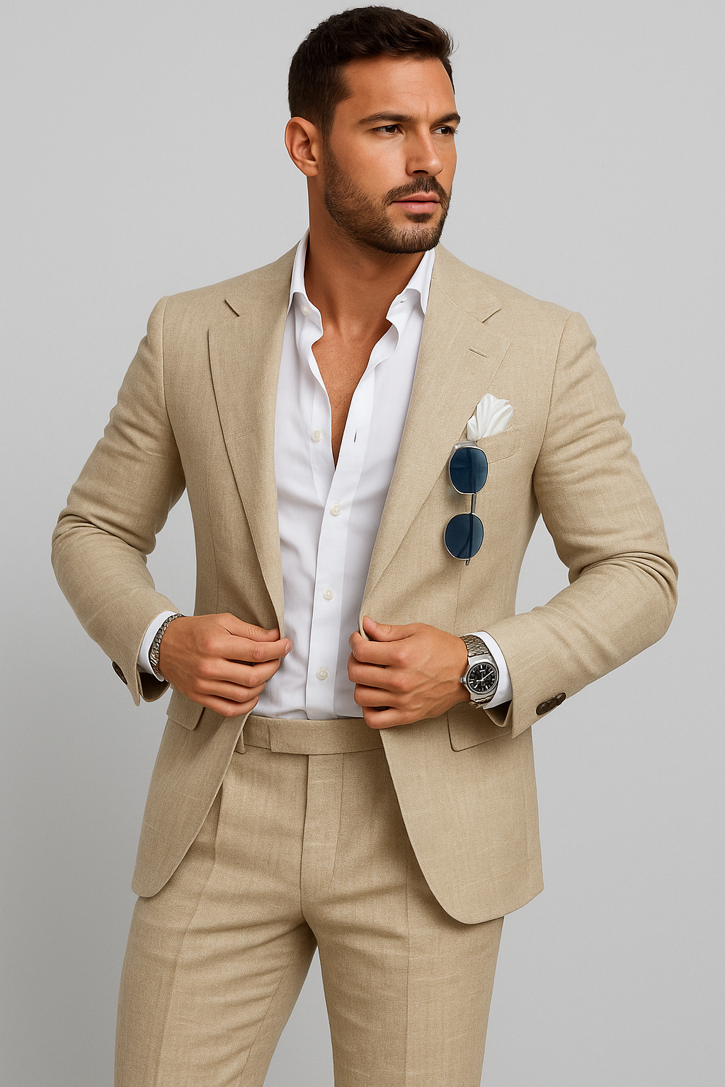 Castello – Men's Linen Wedding Suit 2-Piece Set Beige