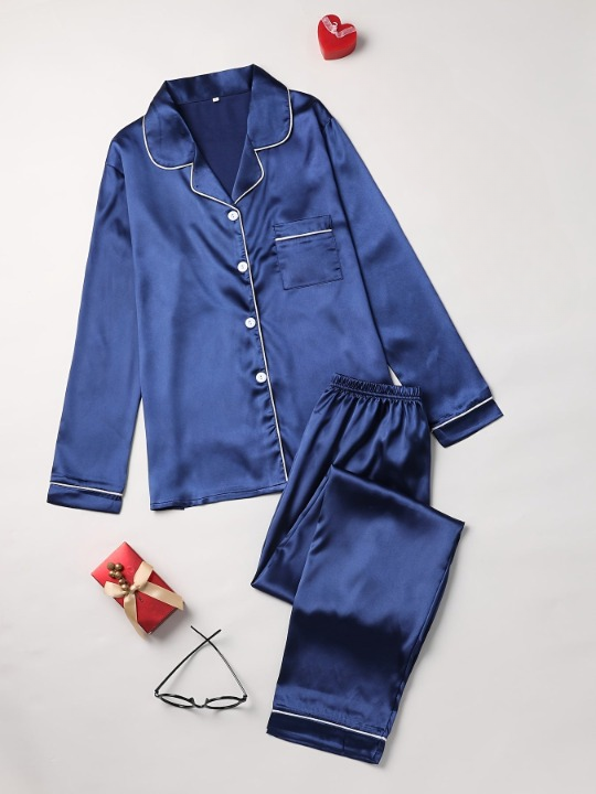 Casual Two-Piece Silk Sleepwear Set for Women | Maribeth Navy blue