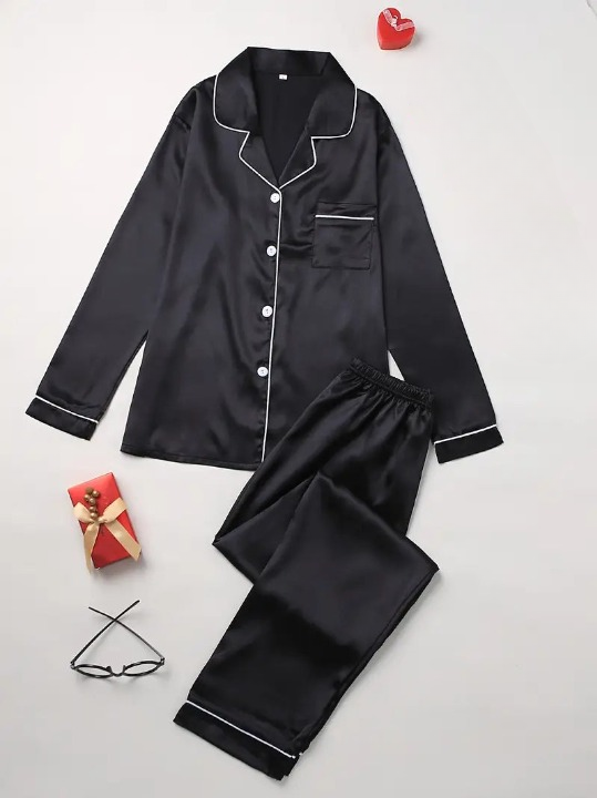 Casual Two-Piece Silk Sleepwear Set for Women | Maribeth Black