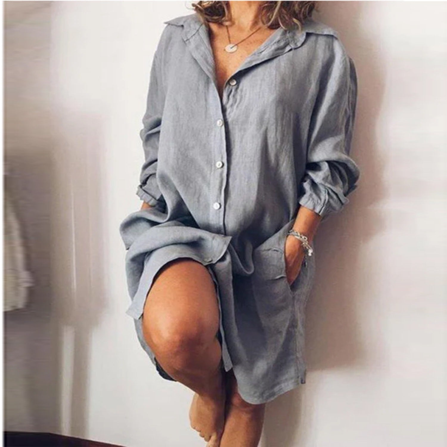 Casual Button-Up Linen Shirt Dress for Women | Clara Gray