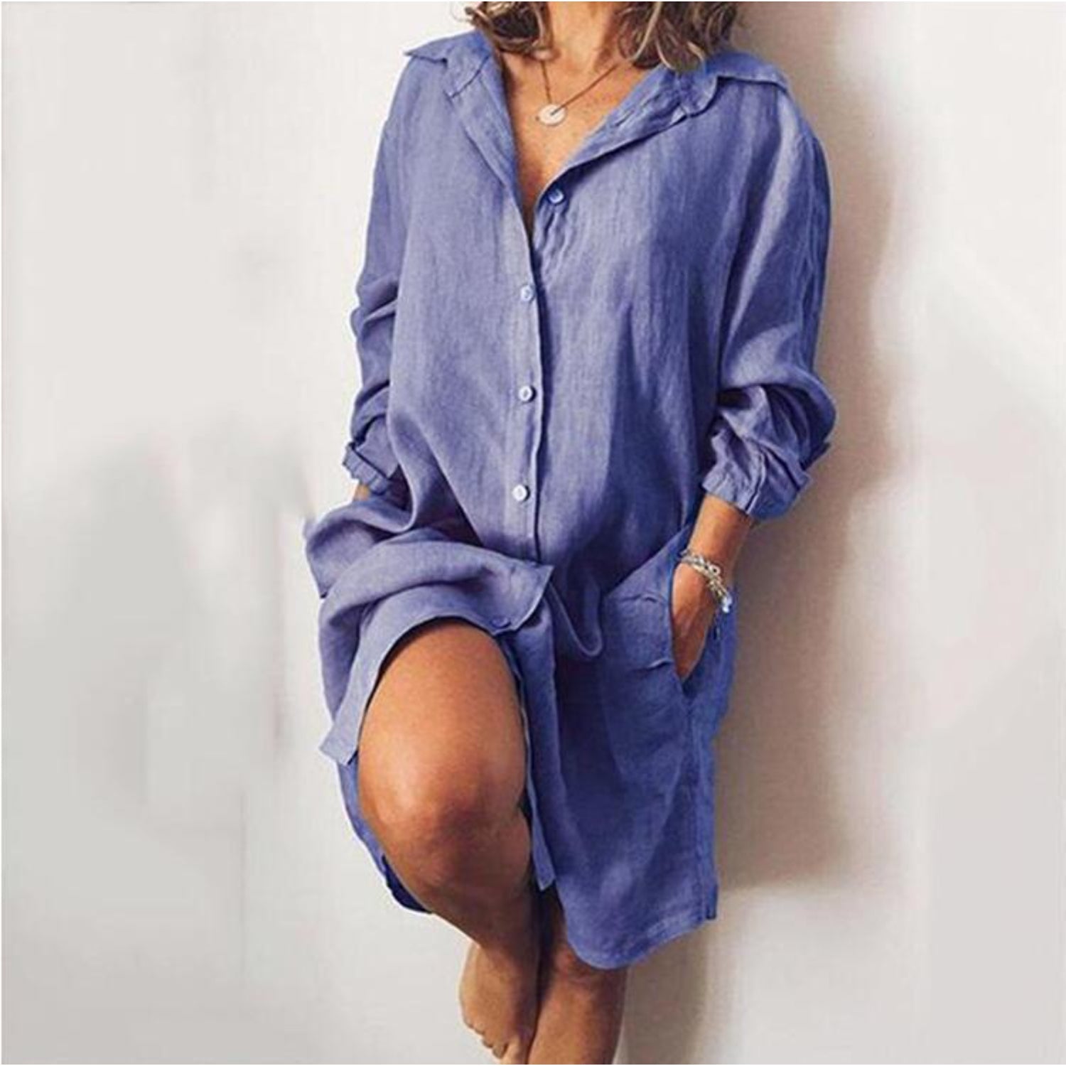 Casual Button-Up Linen Shirt Dress for Women | Clara Blue