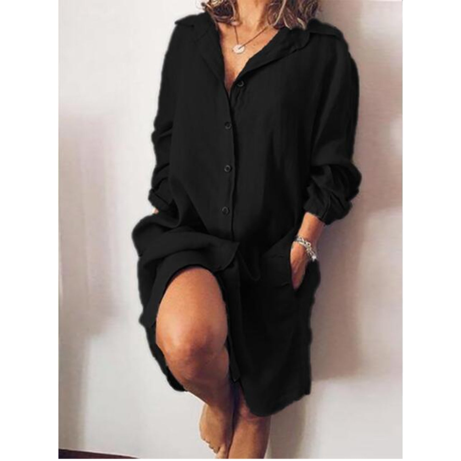 Casual Button-Up Linen Shirt Dress for Women | Clara Black