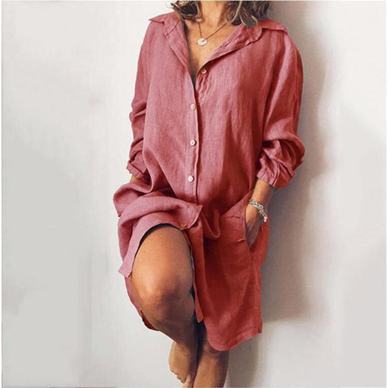 Casual Button-Up Linen Shirt Dress for Women | Clara Pink