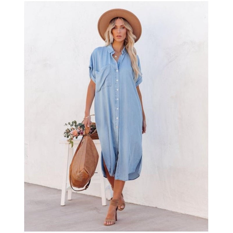 Casual Denim Midi Dress For Women | Lirena Blue