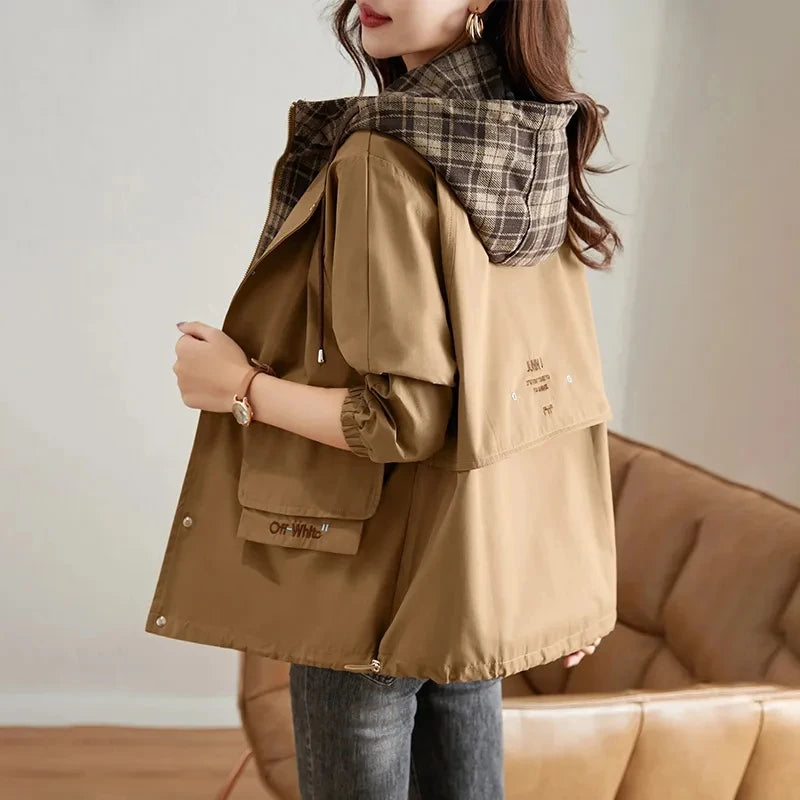 Casual Plaid-Lined Hooded Jacket for Women | Carmina Khaki