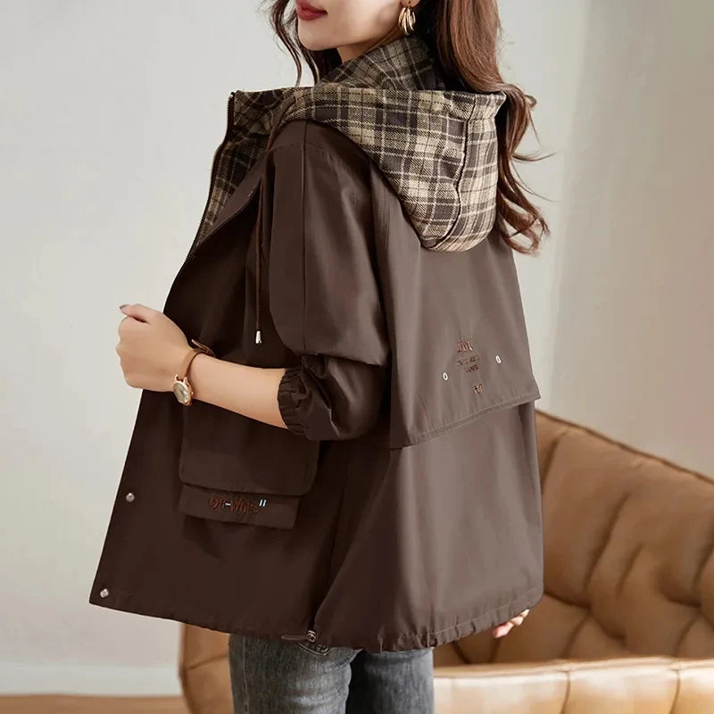 Casual Plaid-Lined Hooded Jacket for Women | Carmina Coffee Brown