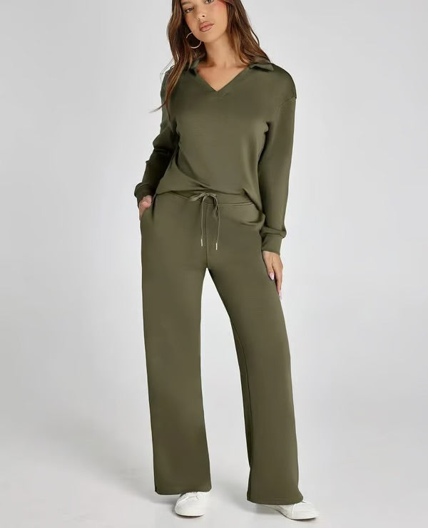 Casual Soft Knit Collared Lounge Set for Women | Regine Army Green
