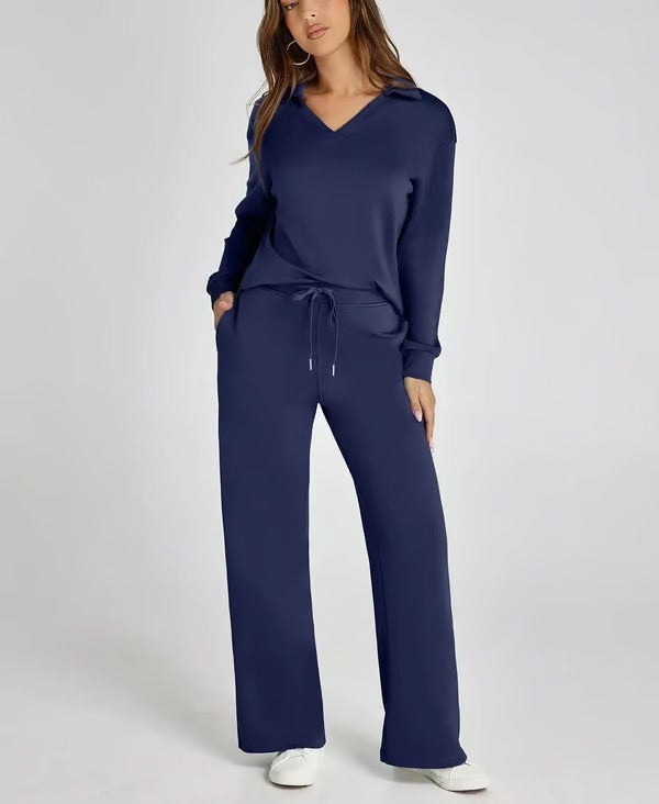 Casual Soft Knit Collared Lounge Set for Women | Regine Navy Blue