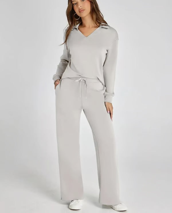 Casual Soft Knit Collared Lounge Set for Women | Regine Light Gray