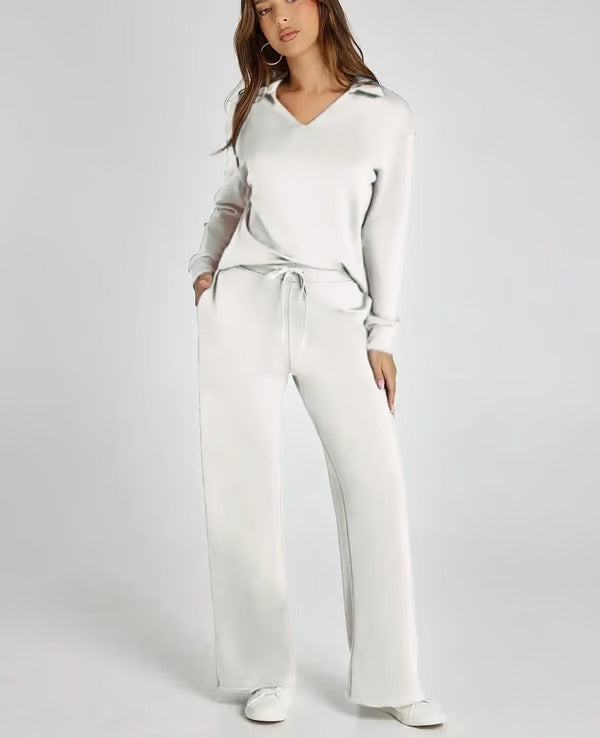 Casual Soft Knit Collared Lounge Set for Women | Regine White