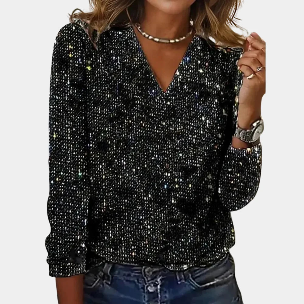 V-Neck Glitter Festive Top For Women | Lurina Black