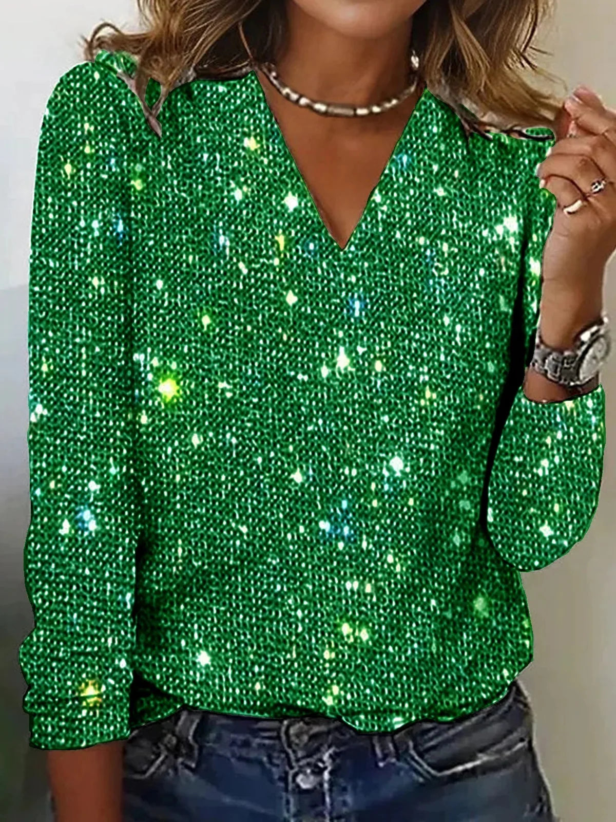 V-Neck Glitter Festive Top For Women | Lurina Green