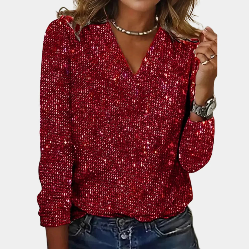 V-Neck Glitter Festive Top For Women | Lurina Red