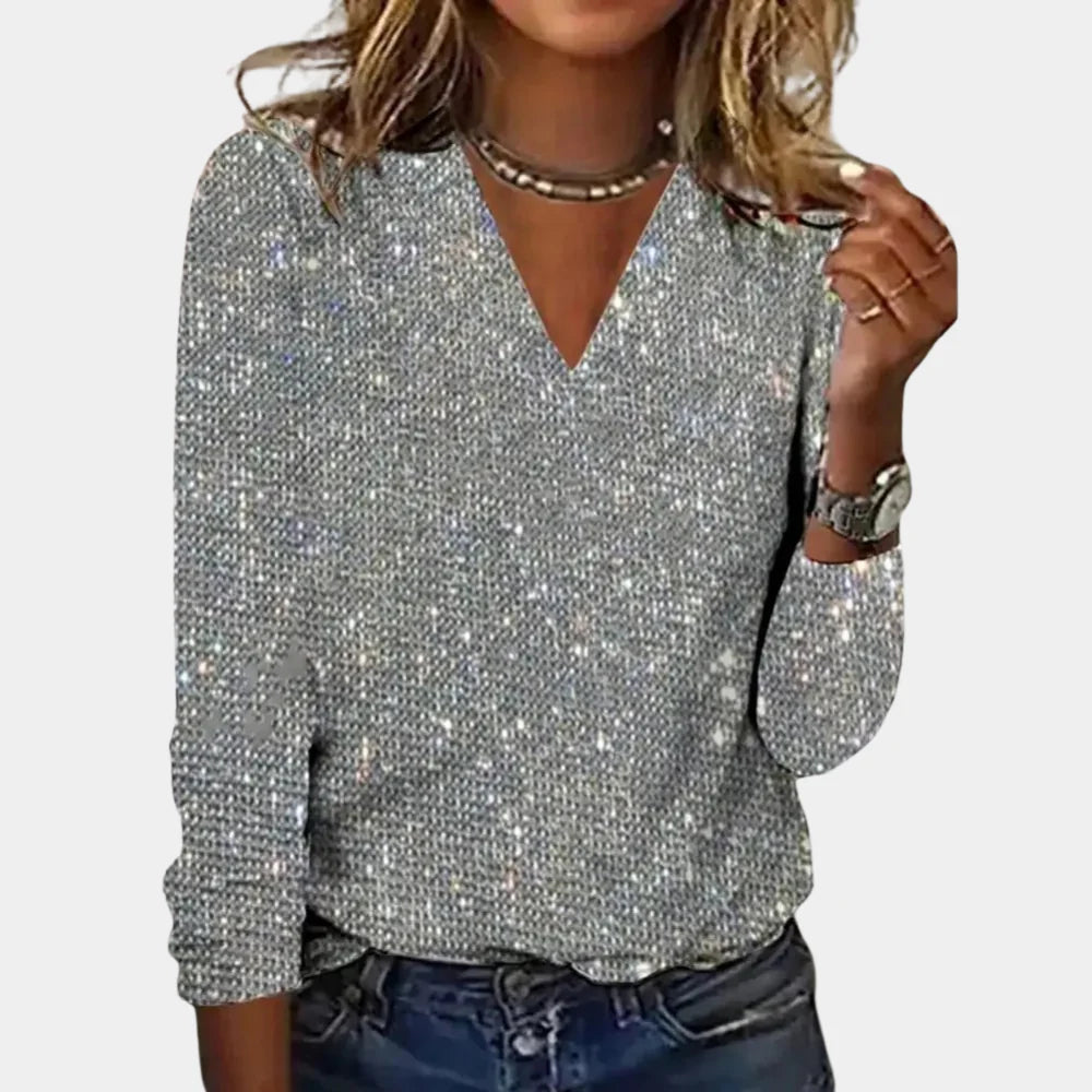 V-Neck Glitter Festive Top For Women | Lurina Silver