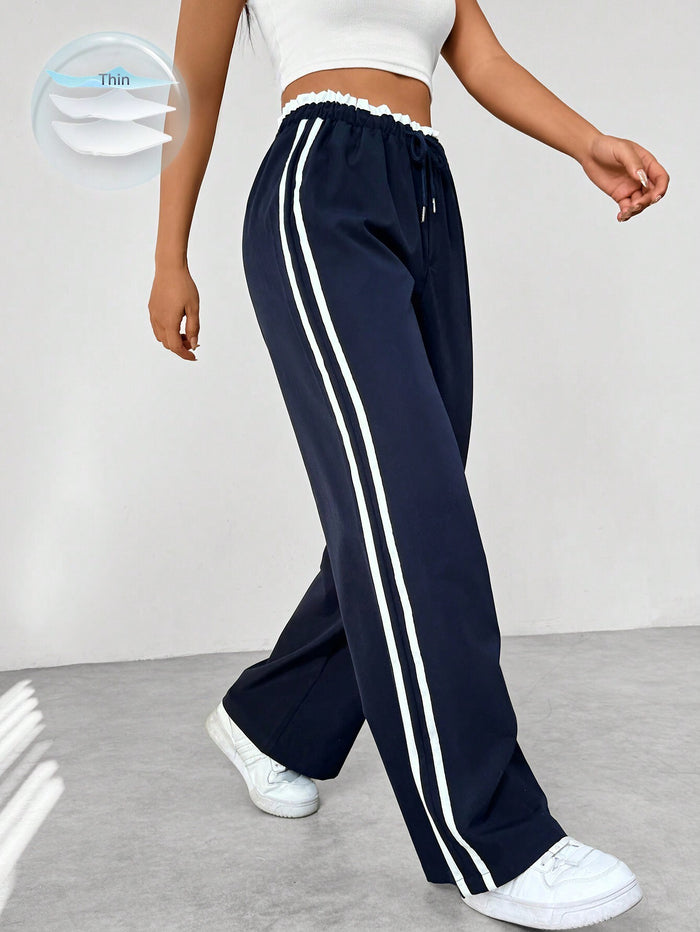 Casual Wide-Leg Track Pants with Side Stripes for Women | Kaia Dark Blue