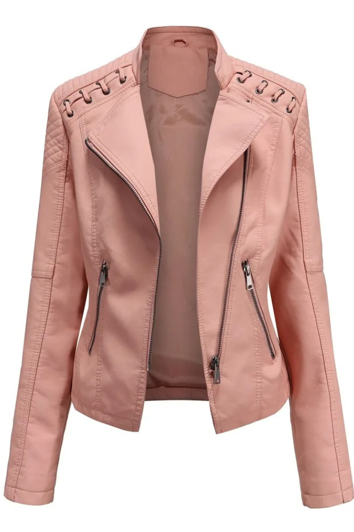 Leather Jacket Long Sleeve Classic Style for Women | Celestine Pink