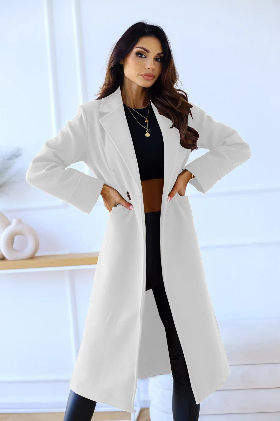 Chic Double-Breasted Long Wool Coat for Women | Venice White