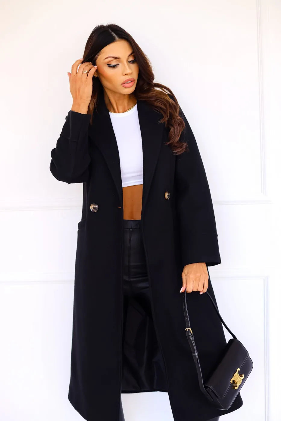 Chic Double-Breasted Long Wool Coat for Women | Venice Black